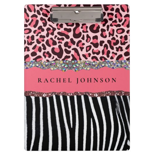 Blush Pink Girly Glitzer Leopard Print Spirale nic Klemmbrett (Vorderseite)