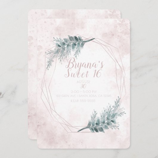 Blush Pink Glam Geometric Botanical Sweet 16 Party Einladung (Vorne/Hinten)