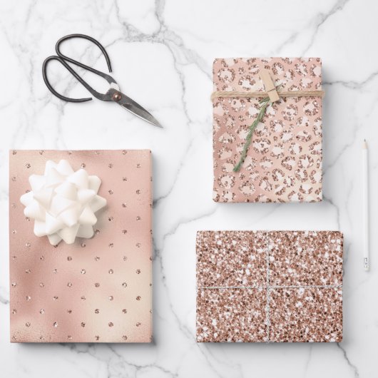 Blush Pink Glam Glitzer Dots Leopard Print Geschenkpapier Set (Vorderseite)