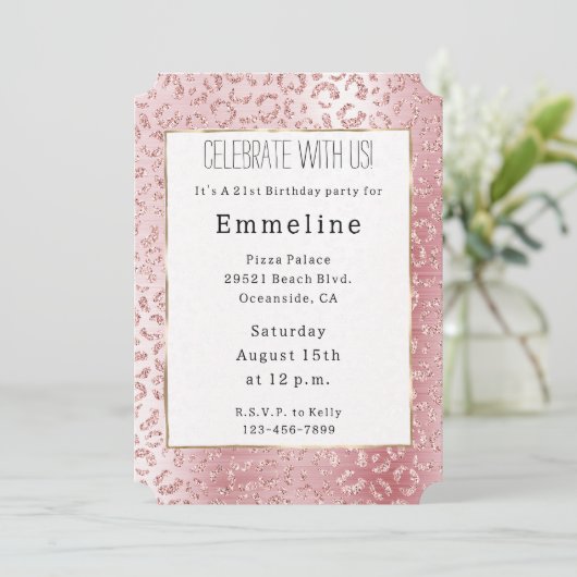 Blush Pink Glam Glitzer Leopard Einladung (Stehend Vorderseite)