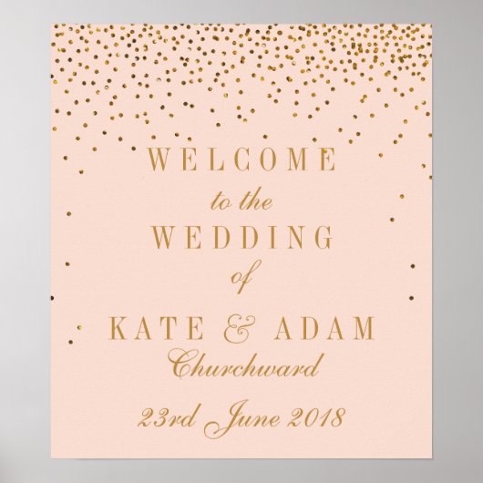 Blush Pink & Glam Gold Confetti Hochzeit Willkomme Poster (Vorne)