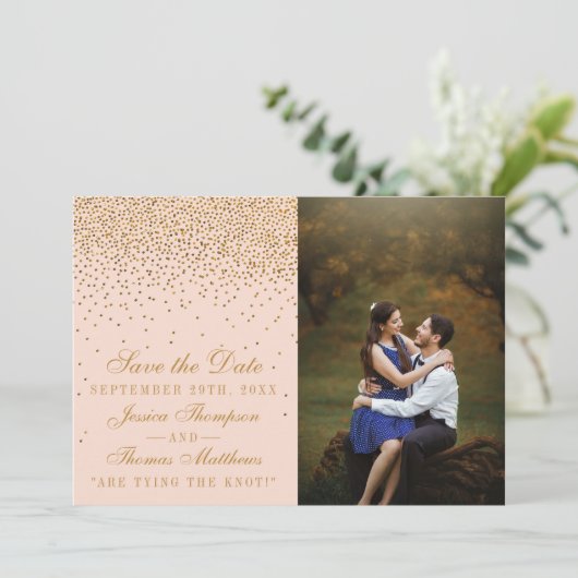 Blush Pink & Glam Gold Confetti Wedding Foto Save The Date (Stehend Vorderseite)