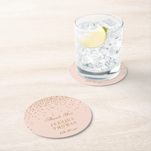 Blush Pink & Glam Gold Confetti Wedding Runder Pappuntersetzer (Vor Ort)