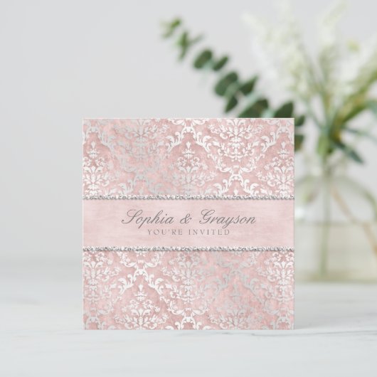 Blush Pink Glimmer Damask Einladung (Stehend Vorderseite)