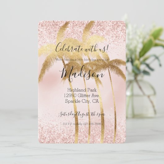 Blush Pink Glitz Glitzer Goldene Palmen Einladung (Stehend Vorderseite)