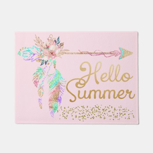 Blush Pink Glitzer Boho Feather Hallo Sommer Fußmatte (Vorderseite)