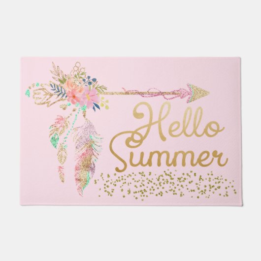 Blush Pink Glitzer Boho Feather Hallo Sommer Fußmatte (Vorderseite)