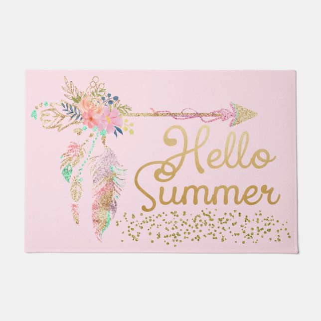 Blush Pink Glitzer Boho Feather Hallo Sommer Fußmatte (Vorderseite)