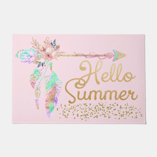 Blush Pink Glitzer Boho Feather Hallo Sommer Fußmatte (Vorderseite)