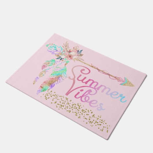 Blush Pink Glitzer Boho Feather Summer Vibes Fußmatte (Schrägansicht)