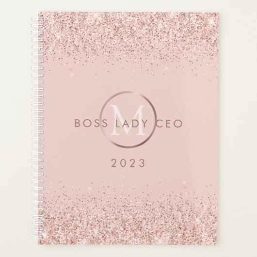 Blush Pink Glitzer Boss Lady CEO Monogram 2023 Planer (Vorderseite)