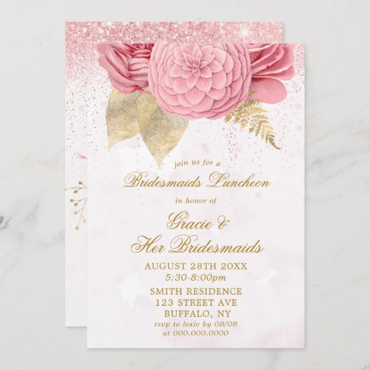 Blush Pink Glitzer Bridesmaids Luncheon Einladung (Vorne/Hinten)