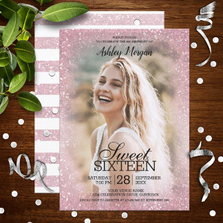 Blush Pink Glitzer Foto Template Sweet 16 Party Einladung