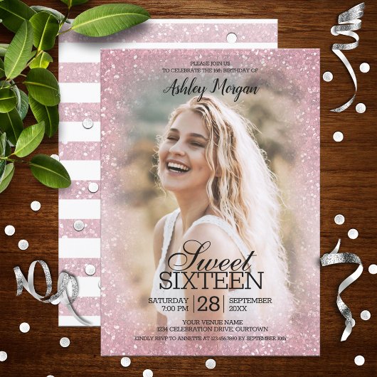 Blush Pink Glitzer Foto Template Sweet 16 Party Einladung