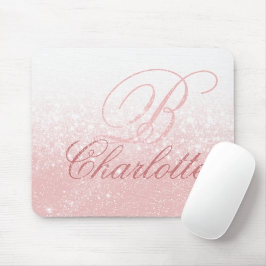 Blush Pink Glitzer Girl Script Monogram Name Mousepad (Mit Mouse)