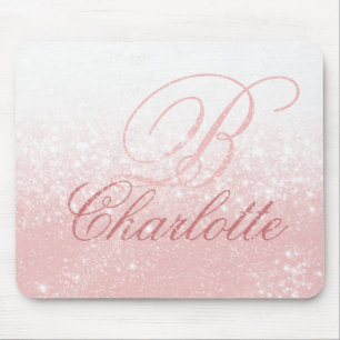 Blush Pink Glitzer Girl Script Monogram Name Mousepad