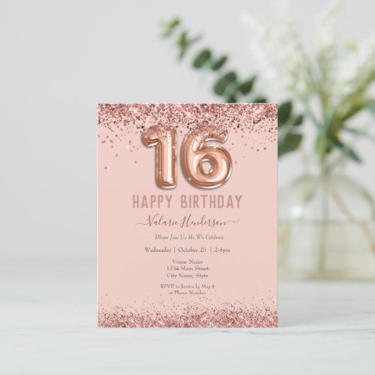 Blush Pink Glitzer Happy 16. Geburtstag (Stehend Vorderseite)
