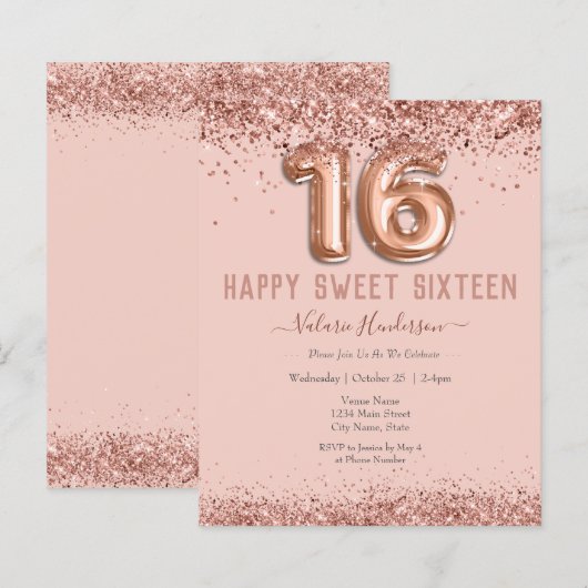 Blush Pink Glitzer Happy 16. Geburtstag (Vorne/Hinten)