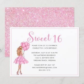 Blush Pink Glitzer Moderne Sweet 16 Geburtstagspar Einladung