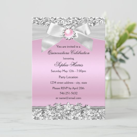 Blush Pink Glitzer Pearl Bow Quinceanera Geburtsta Einladung (Stehend Vorderseite)
