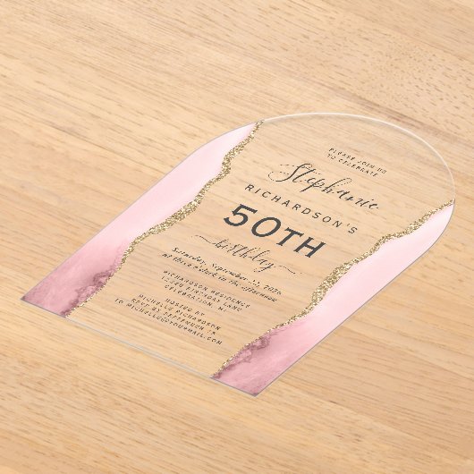 Blush Pink Gold Agate 50th Birthday Arch Acryleinladungen (Ablage )
