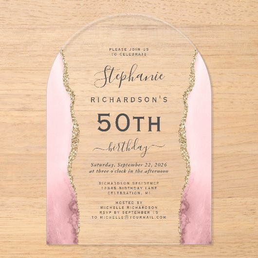 Blush Pink Gold Agate 50th Birthday Arch Acryleinladungen (Vorderseite)