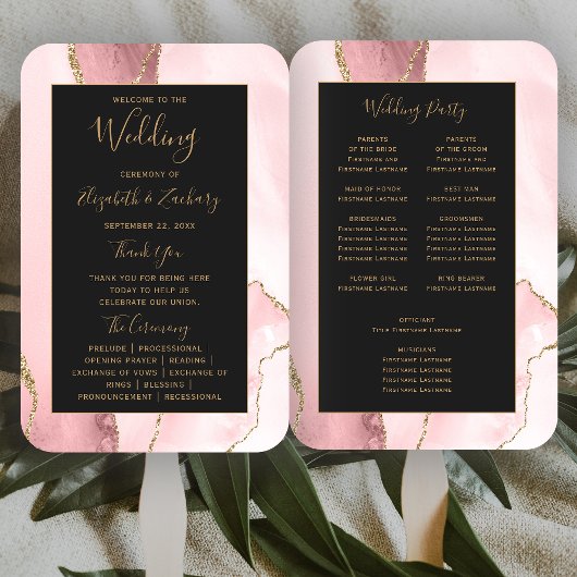 Blush Pink Gold Agate Dark Wedding Program Fächer