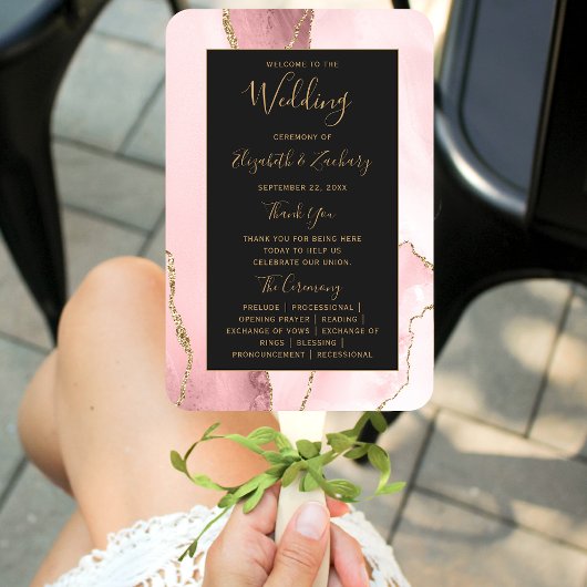 Blush Pink Gold Agate Dark Wedding Program Fächer