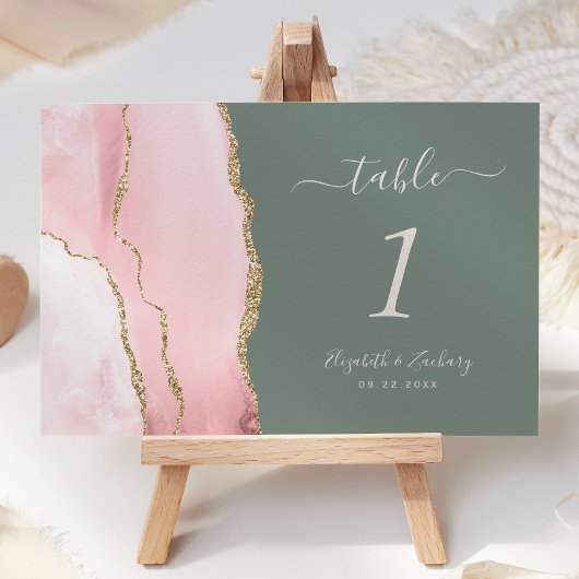Blush Pink Gold Agate Deep Sage Green Wedding Tischnummer