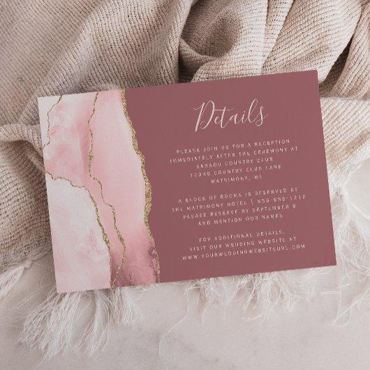 Blush Pink Gold Agate Dusty Rose Hochzeitsdetails Begleitkarte