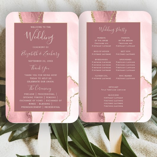 Blush Pink Gold Agate Dusty Rose Hochzeitsprogramm Fächer