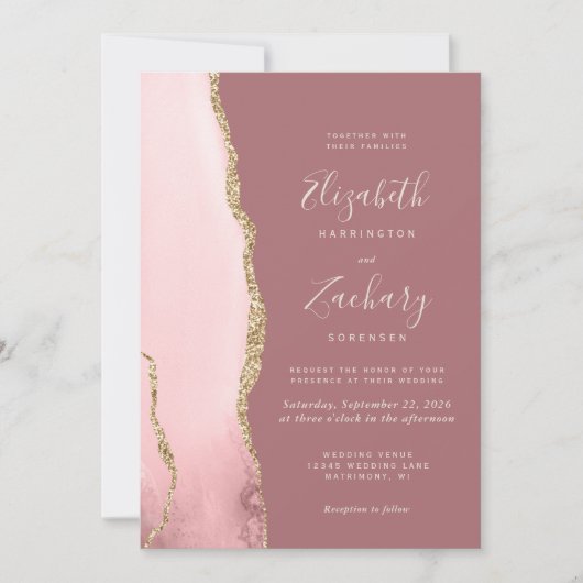 Blush Pink Gold Agate Dusty Rose QR Code Wedding Einladung (Vorderseite)