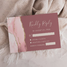 Blush Pink Gold Agate Dusty Rose Wedding RSVP Card Karte