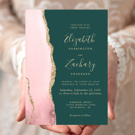 Blush Pink Gold Agate Emerald Green Wedding Einladung
