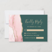 Blush Pink Gold Agate Emerald Green Wedding RSVP Karte (Vorderseite)