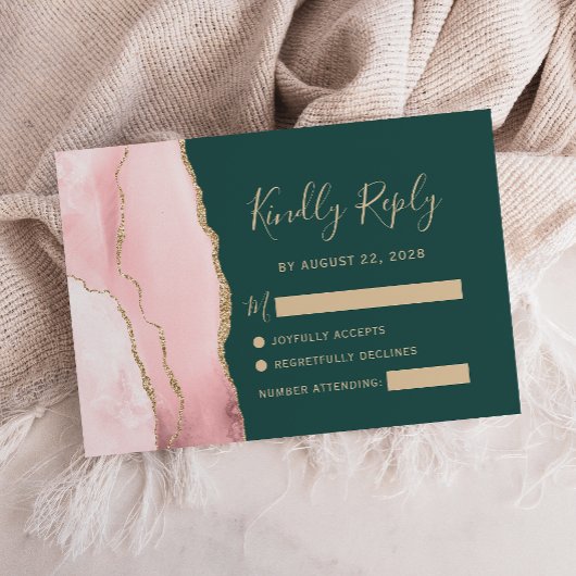 Blush Pink Gold Agate Emerald Green Wedding RSVP Karte