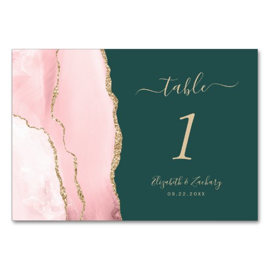 Blush Pink Gold Agate Emerald Green Wedding Tischnummer (Vorderseite)