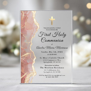 Blush Pink Gold Agate Erster Kommunion Girl Acryleinladungen