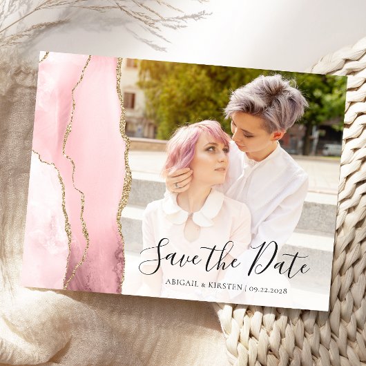 Blush Pink Gold Agate Foto Save the Date Postkarte
