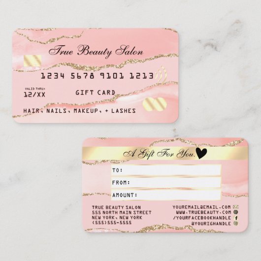 Blush Pink Gold Agate Marble Kreditkarte Visitenkarte (Vorne/Hinten)