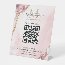 Blush Pink Gold Agate Monogram Scan to Pay QR Code Sockelschild