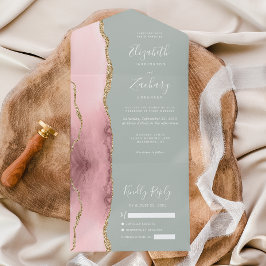 Blush Pink Gold Agate Pale Pale Sage Green Wedding All In One Einladung