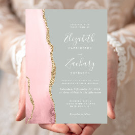 Blush Pink Gold Agate Pale Pale Sage Green Wedding Einladung