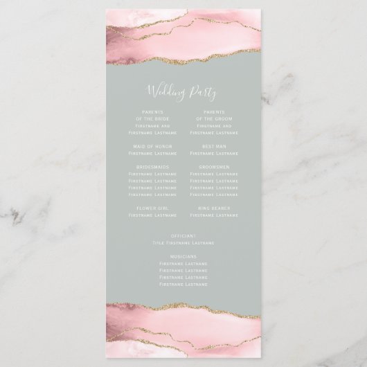 Blush Pink Gold Agate Pale Pale Sage Green Wedding Programm (Rückseite)