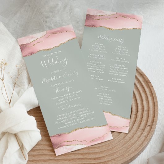 Blush Pink Gold Agate Pale Pale Sage Green Wedding Programm