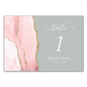 Blush Pink Gold Agate Pale Pale Sage Green Wedding Tischnummer (Rückseite)