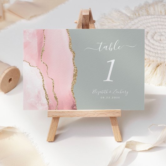 Blush Pink Gold Agate Pale Pale Sage Green Wedding Tischnummer