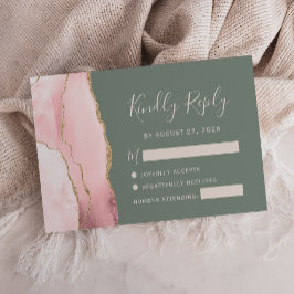 Blush Pink Gold Agate Sage Green Wedding RSVP Card Karte