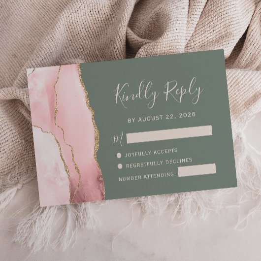 Blush Pink Gold Agate Sage Green Wedding RSVP Card Karte