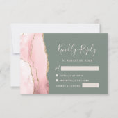 Blush Pink Gold Agate Sage Green Wedding RSVP Card Karte (Vorderseite)
